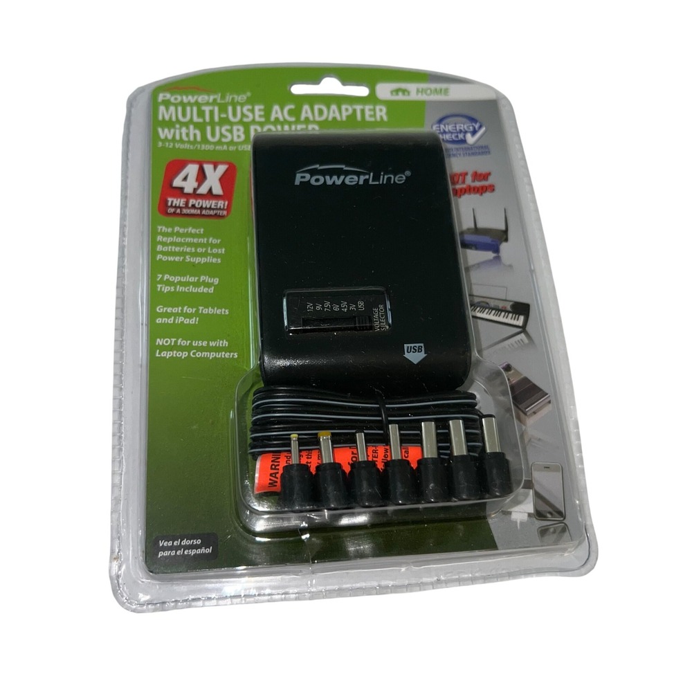 PowerLine Multi-Use AC Adapter with USB Power 3-12V 1300mA 7 Tips Universal